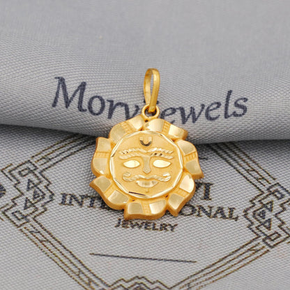 thin dainty 18k gold pendant sun moon face, Handmade Carved design India Pendant Locket, K6438