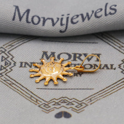 20k Yellow Gold Sun Face Pendant: Indian Sun Star Locket Jewelry, Hand carved light weight thin amulet, K6439