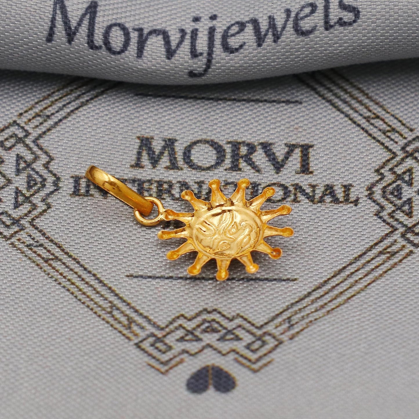 20k Yellow Gold Sun Face Pendant: Indian Sun Star Locket Jewelry, Hand carved light weight thin amulet, K6439