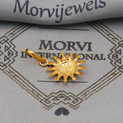20k Yellow Gold Sun Face Pendant: Indian Sun Star Locket Jewelry, Hand carved light weight thin amulet, K6439