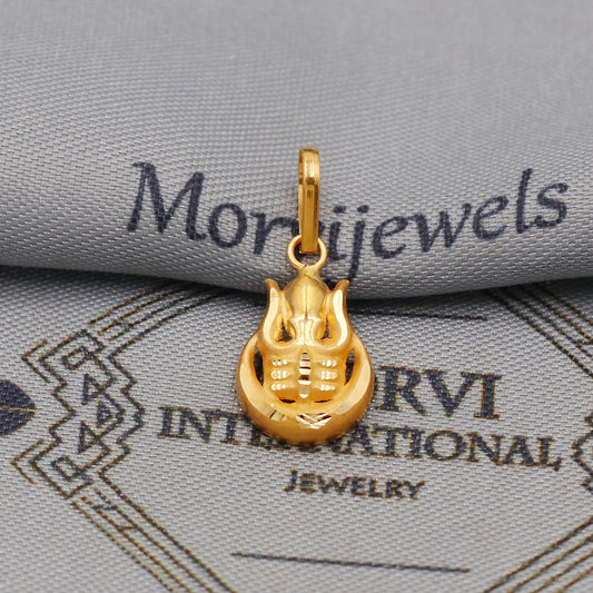 20k/18k Yellow Gold Trishool Shivling Pendant: Indian God Trident Jewelry, Light Weight Dainty Carved Locket amulet, K6441