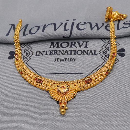 Stunning 22k Yellow Gold Choker Necklace Earrings Set Handmade Jewelry for Women, K6462