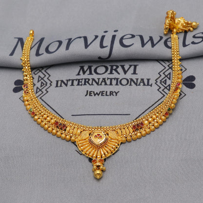 Stunning 22k Yellow Gold Choker Necklace Earrings Set Handmade Jewelry for Women, K6462