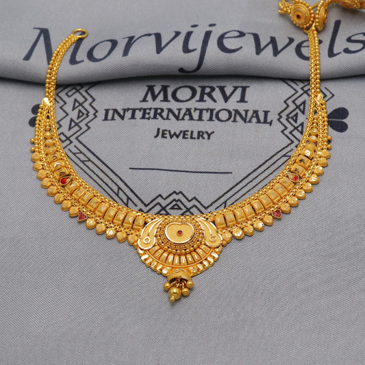 22k Yellow Gold Choker Necklace Earrings Set Handmade Jewelry for Women, K6463