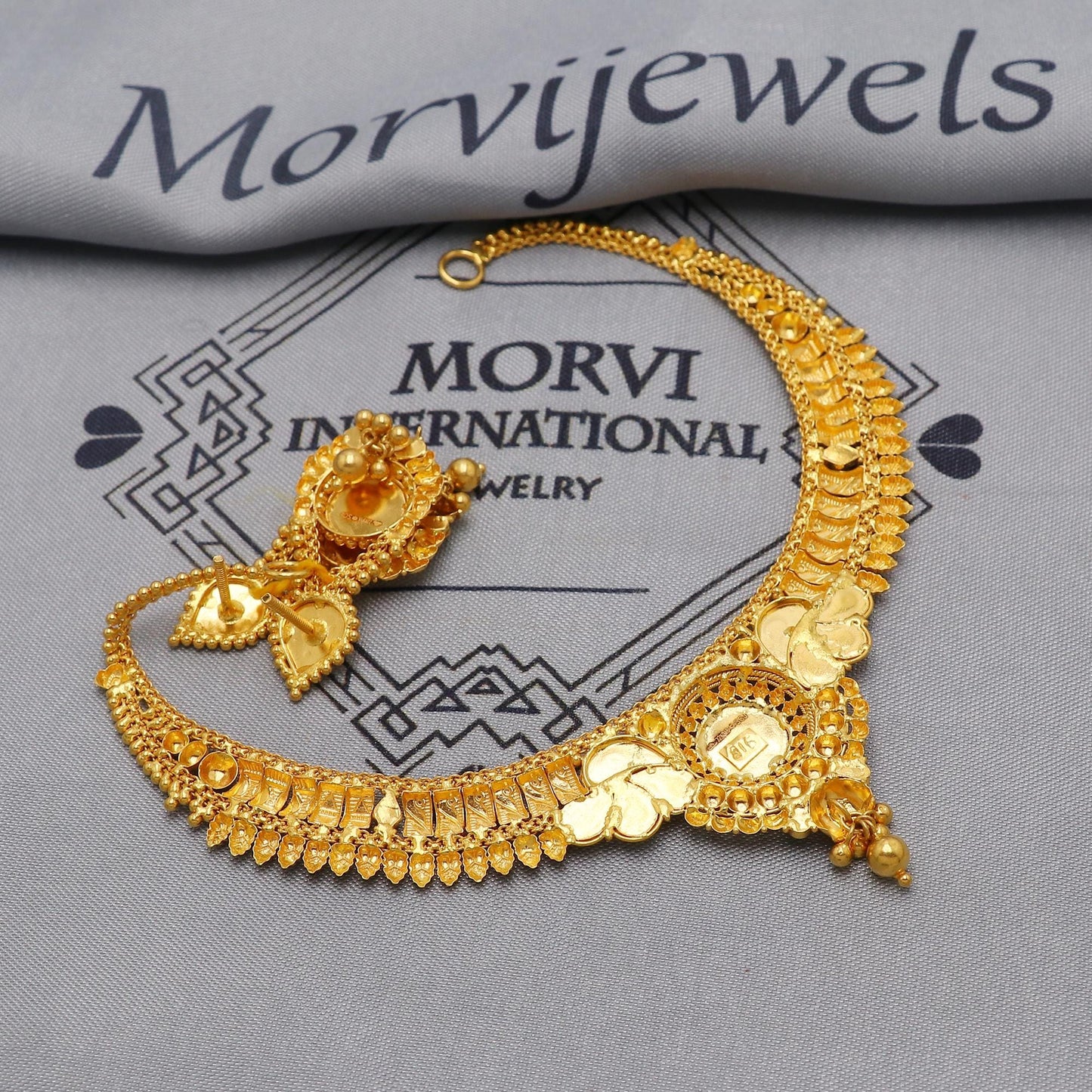 22k Yellow Gold Choker Necklace Earrings Set Handmade Jewelry for Women, K6464