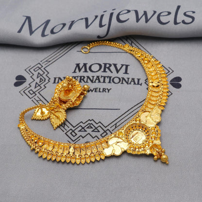 22k Yellow Gold Choker Necklace Earrings Set Handmade Jewelry for Women, K6464