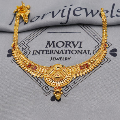22k Yellow Gold Choker Necklace Earrings Set Handmade Jewelry for Women, K6465