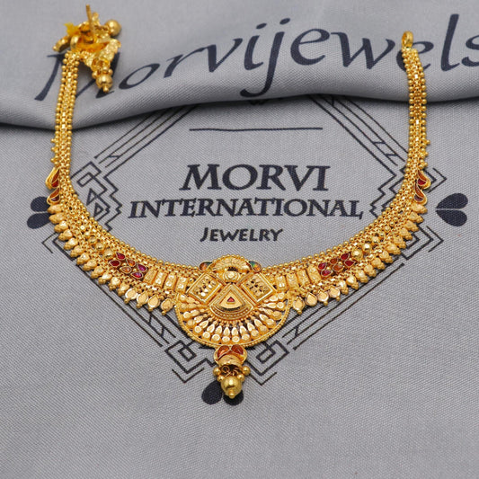 22k Yellow Gold Choker Necklace Earrings Set Handmade Jewelry for Women, K6465