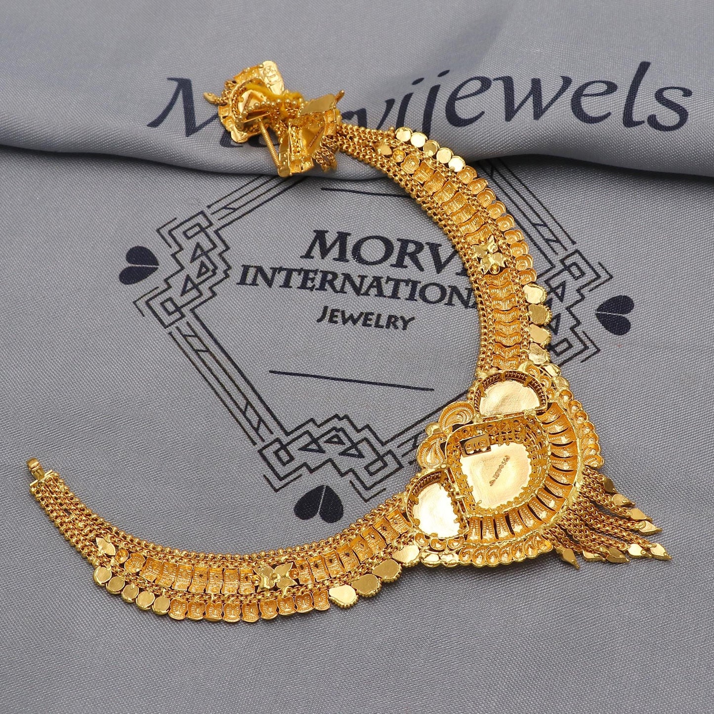 22k Yellow Gold Choker Necklace Earrings Set Handmade Jewelry for Women, K6467