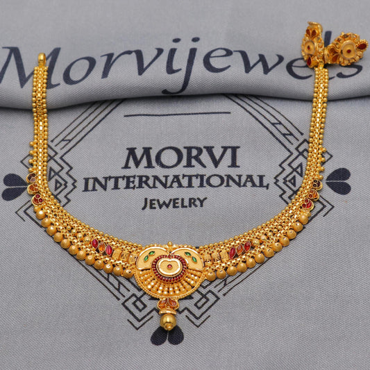 22k Yellow Gold Choker Necklace Earrings Set Handmade Jewelry for Women, K6469