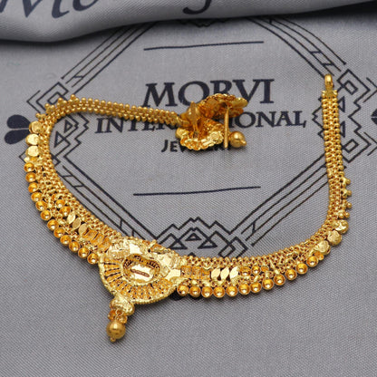 22k Yellow Gold Choker Necklace Earrings Set Handmade Jewelry for Women, K6469