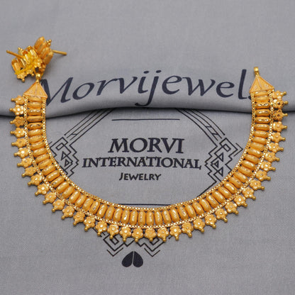 22k Yellow Gold Choker Necklace Earrings Set Handmade Jewelry for Women, K6470