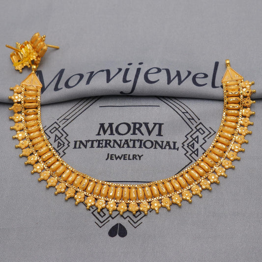 22k Yellow Gold Choker Necklace Earrings Set Handmade Jewelry for Women, K6470