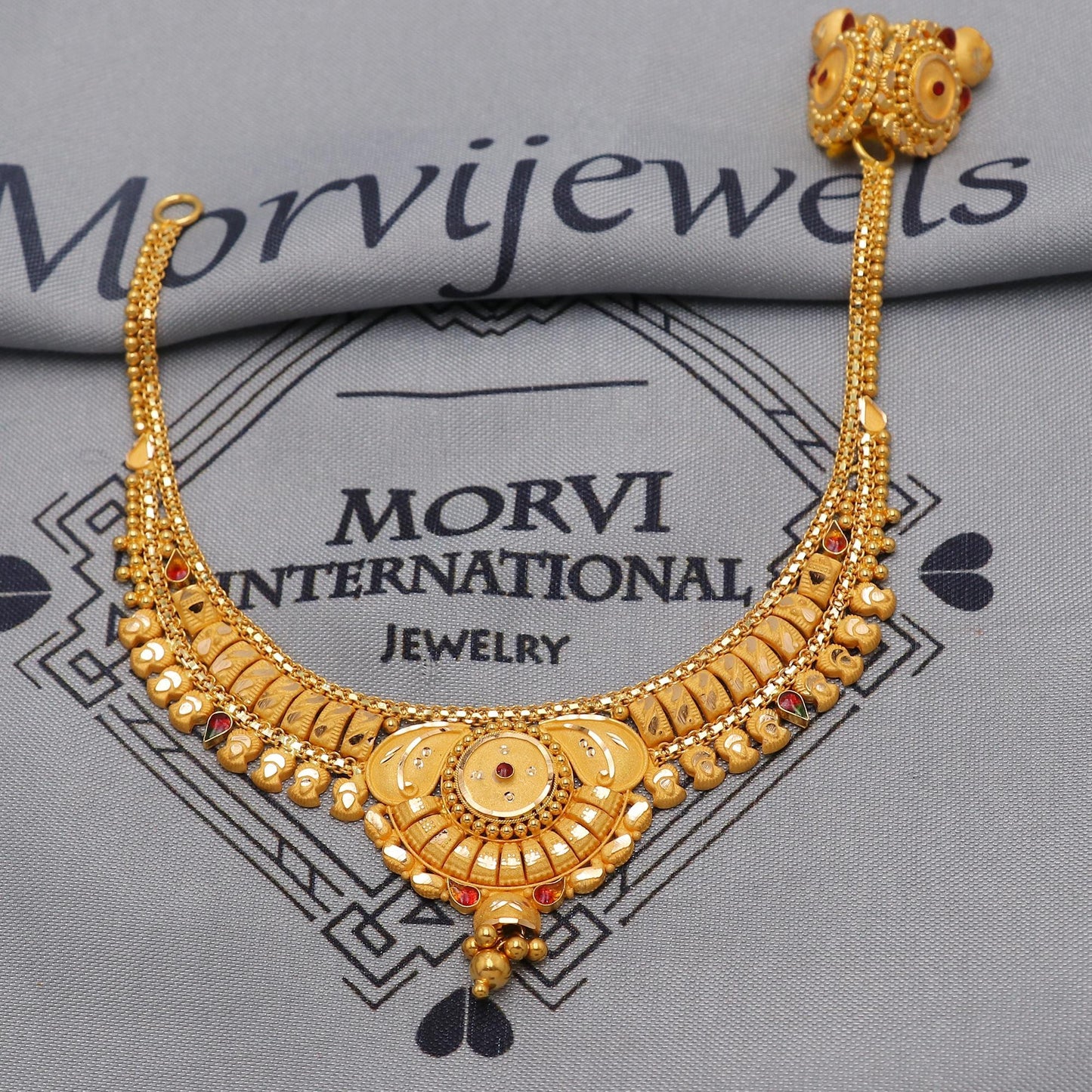 22k Yellow Gold Choker Necklace Earrings Set Handmade Jewelry for Women, K6471