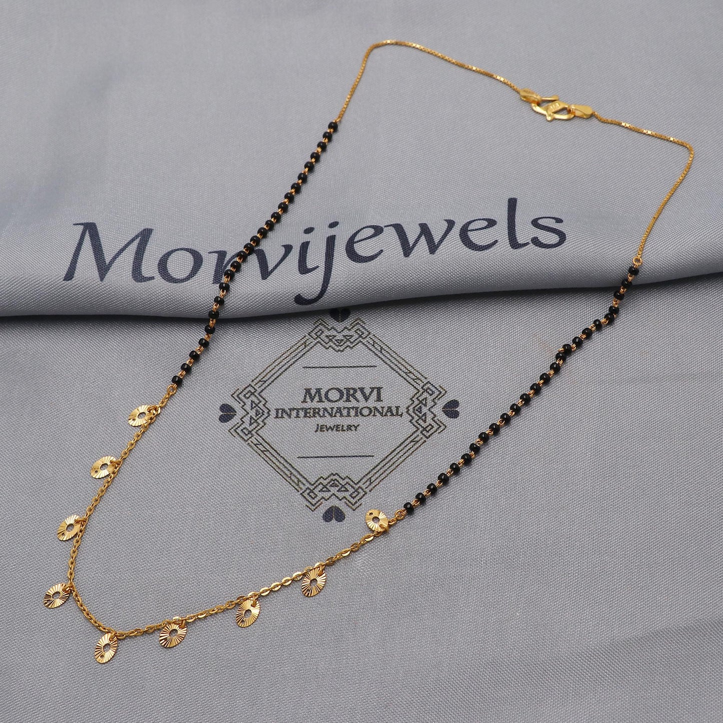 22kt 22k gold chain mangalsutra box chain necklace with Tiny charms and black beads, Wife Jewelry, Mangal Sutra Gifts for Wife, K6485