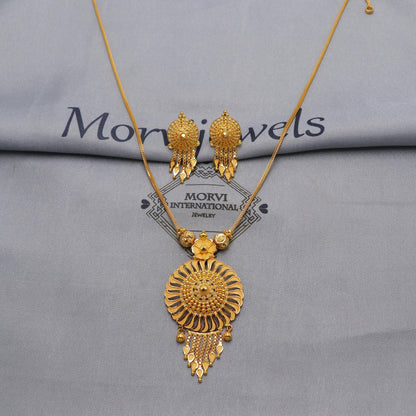 22k Yellow Gold Pendant Necklace Earrings Set, Indian Pure Gold Set, Indian Gold Jewelry, Wedding Indian Style Necklace, 22k gold event wear