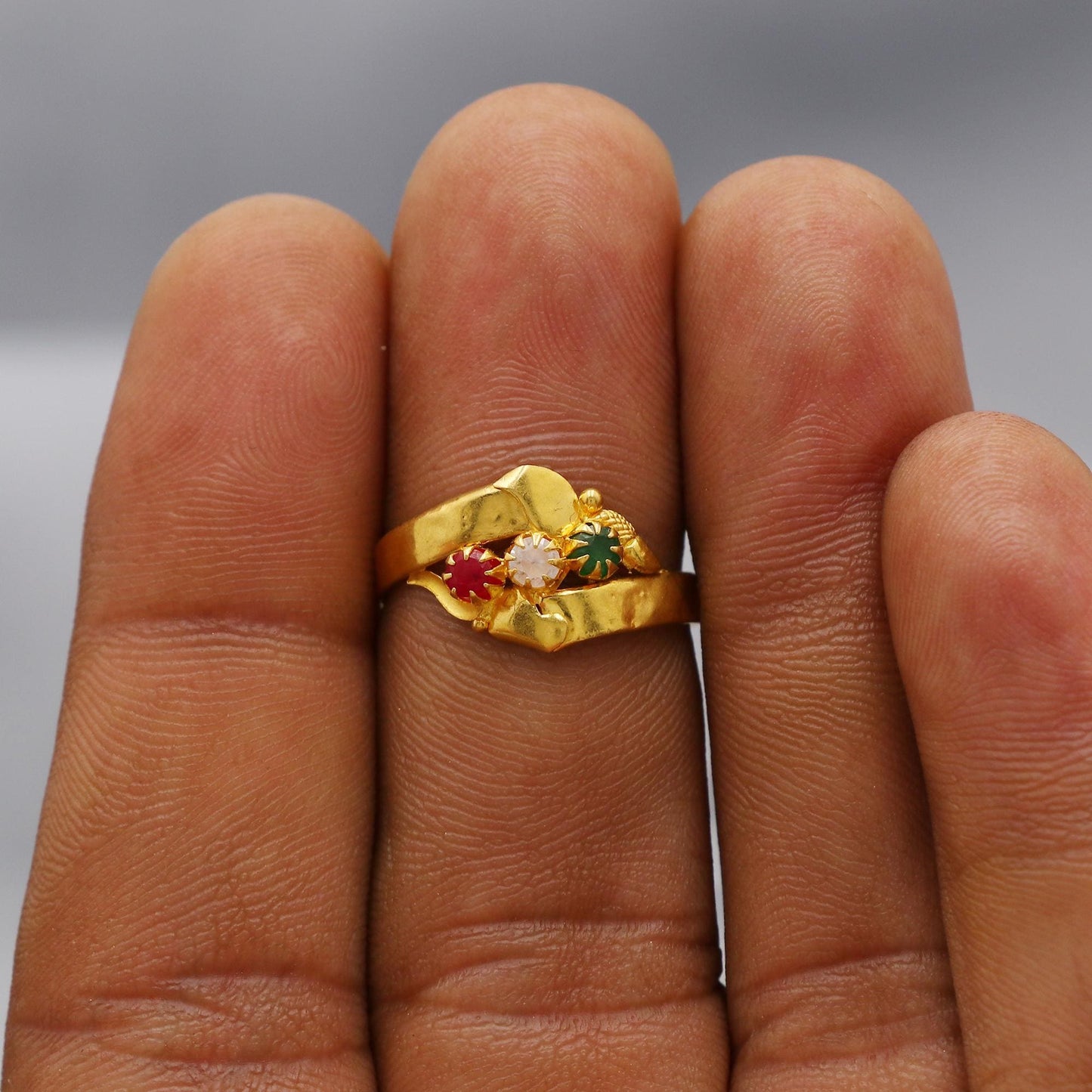 Dainty Three stone 22kt 22k Solid Yellow Gold Handmade Small Dainty Ring Jewelry, K6203