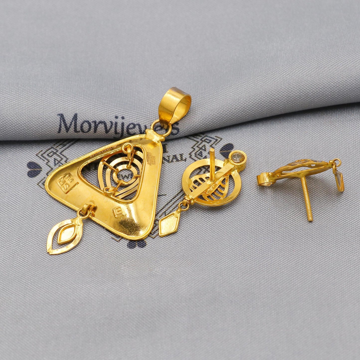 Two Tone 22k Gold Indian Pendant & Earrings Set: Handcrafted Floral Women Handmade Gold Jewelry from India, K6223