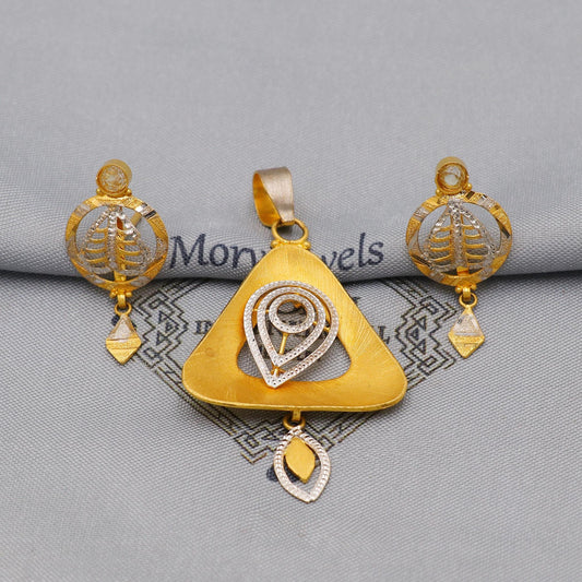 Two Tone 22k Gold Indian Pendant & Earrings Set: Handcrafted Floral Women Handmade Gold Jewelry from India, K6223