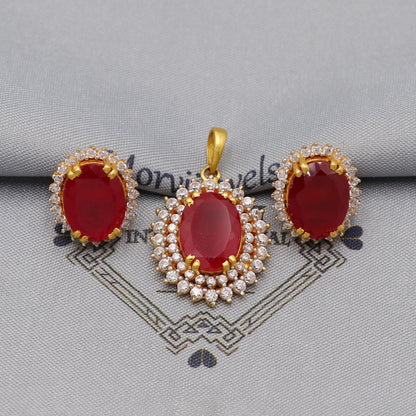 Ruby Zirconia 22k Gold Indian Pendant & Earrings Set: Handcrafted Women Handmade Gold Jewelry from India, K6228