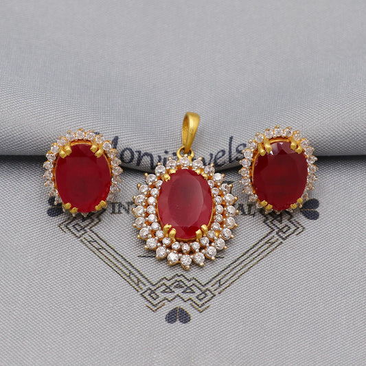 Ruby Zirconia 22k Gold Indian Pendant & Earrings Set: Handcrafted Women Handmade Gold Jewelry from India, K6228