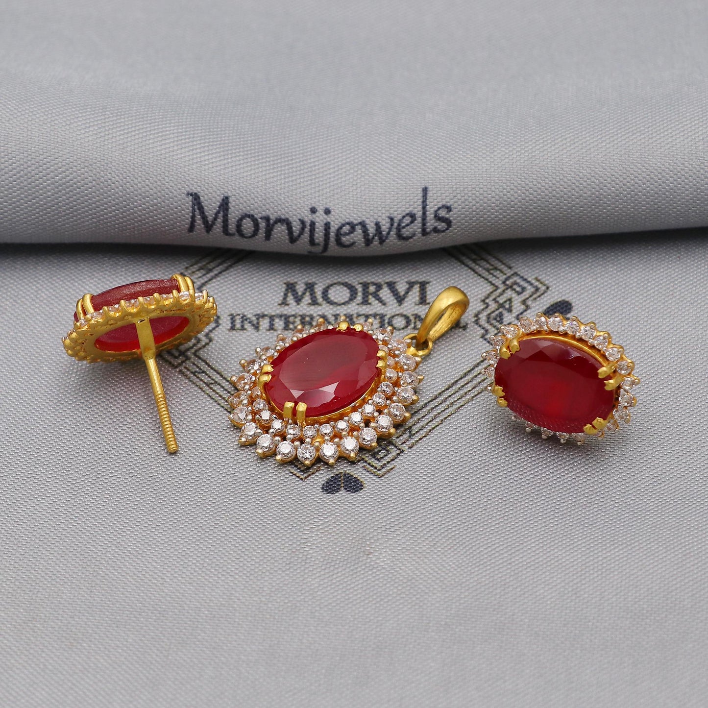 Ruby Zirconia 22k Gold Indian Pendant & Earrings Set: Handcrafted Women Handmade Gold Jewelry from India, K6228