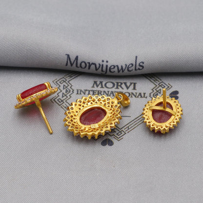 Ruby Zirconia 22k Gold Indian Pendant & Earrings Set: Handcrafted Women Handmade Gold Jewelry from India, K6228