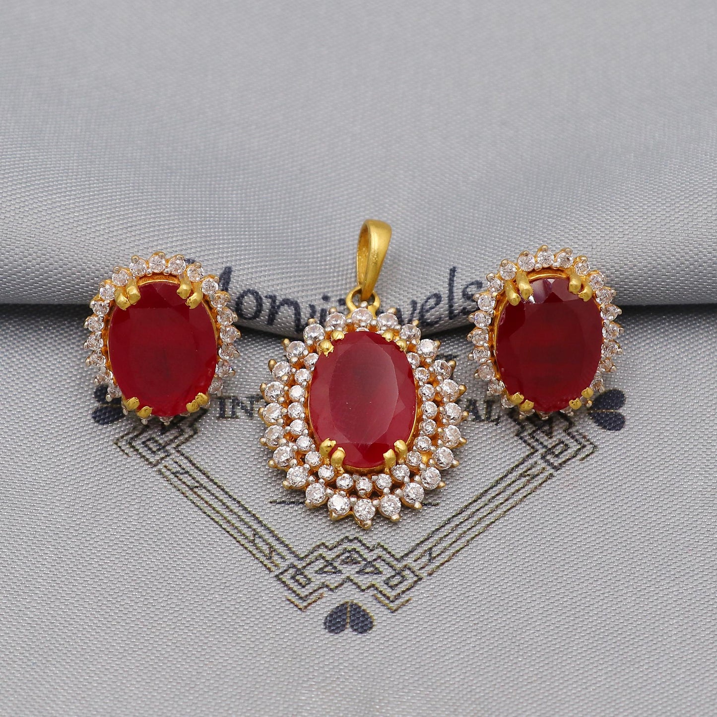 Ruby Zirconia 22k Gold Indian Pendant & Earrings Set: Handcrafted Women Handmade Gold Jewelry from India, K6228