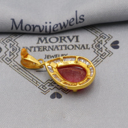 Ruby Zirconia 22k Gold Indian Pendant, Handcrafted Women Handmade Gold Jewelry from India, K6229