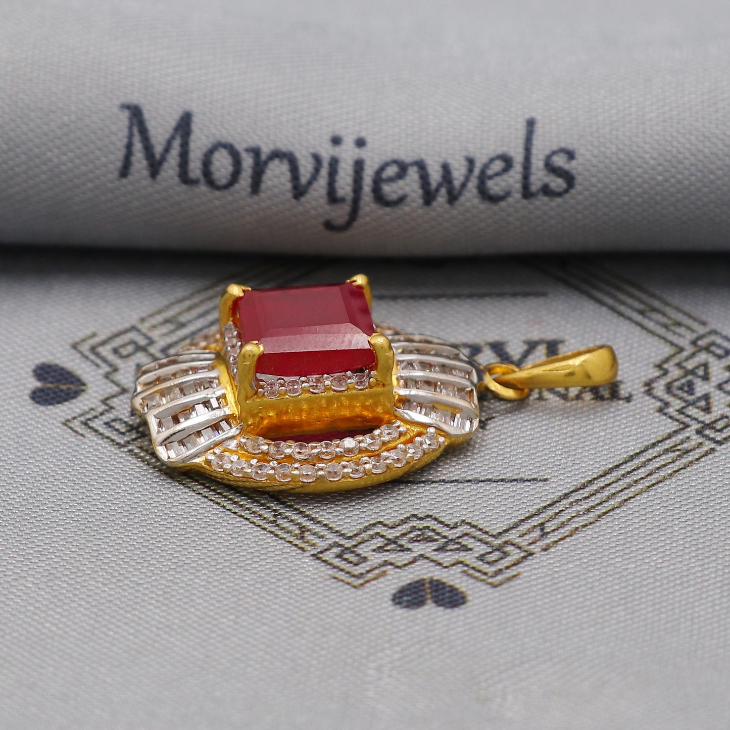 Ruby Zirconia 22k Gold Indian Pendant, Handcrafted Women Handmade Gold Jewelry from India, K6231