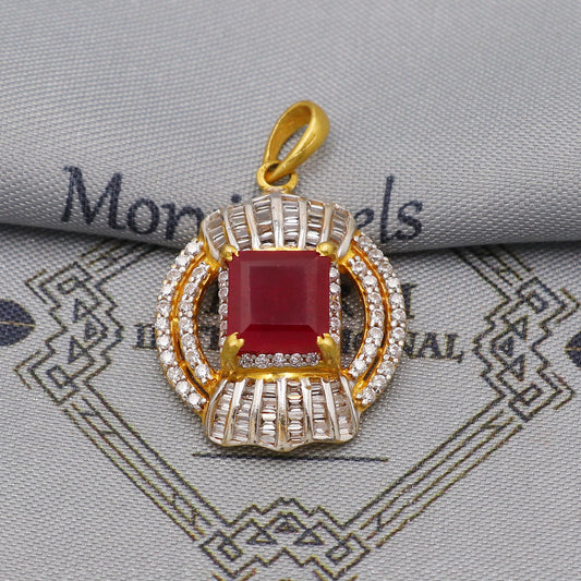 Ruby Zirconia 22k Gold Indian Pendant, Handcrafted Women Handmade Gold Jewelry from India, K6231