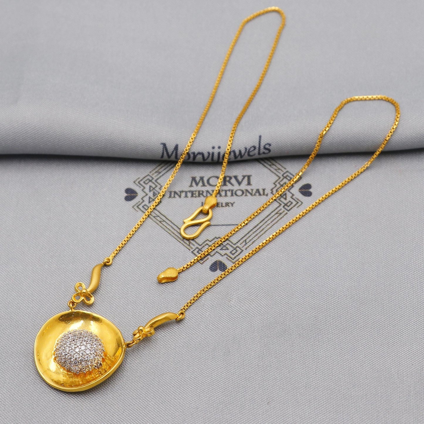 round pendant chain Pure 22k Yellow Gold Chain Necklace Stone Pendant Anniversary Wedding Gift, Indian Gold Handmade necklace Jewelry, K6234