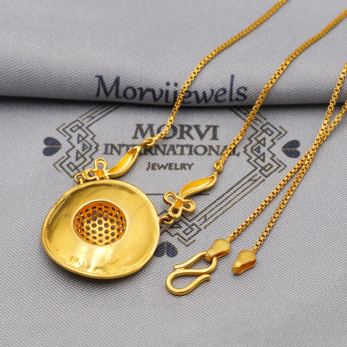 round pendant chain Pure 22k Yellow Gold Chain Necklace Stone Pendant Anniversary Wedding Gift, Indian Gold Handmade necklace Jewelry, K6234