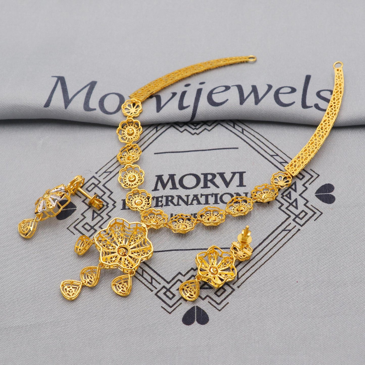 22k two tone Gold Necklace Earrings set , Diamond cut beads ,light weight dainty Indian Gold Handmade wedding necklace Jewelry for gift