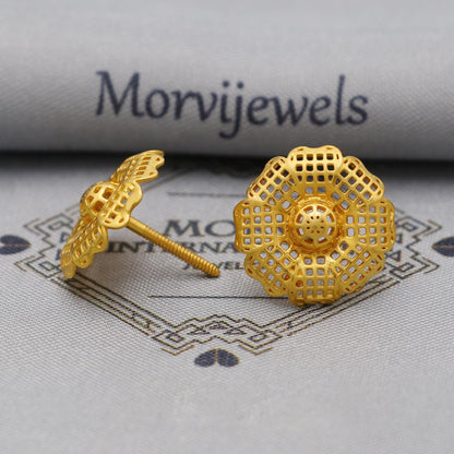 Flower Solid real 22k Gold Stud Earrings Jewelry for women, Filigree Style Gold Tops, Indian Handmade Vintage Style Earrings, K6249