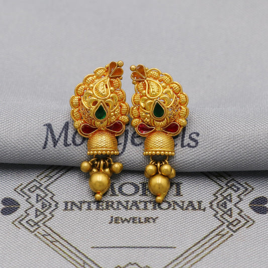 22k Yellow Gold Jhumka Earrings with dangling small beads, Handmade Vintage Pure Traditional Indian WEDDING Earrings jewelry, K6273