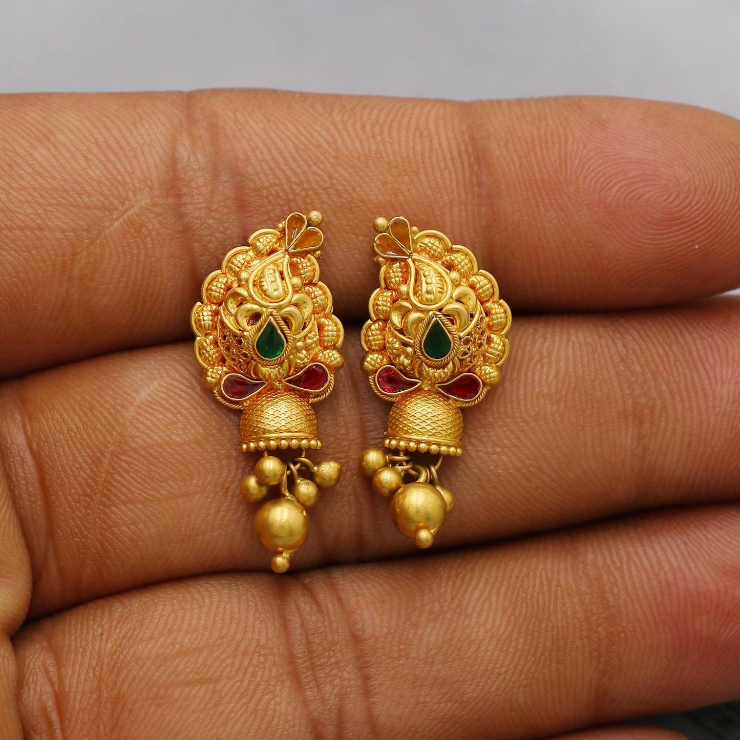 22k Yellow Gold Jhumka Earrings with dangling small beads, Handmade Vintage Pure Traditional Indian WEDDING Earrings jewelry, K6273