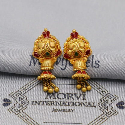 22k Yellow Gold Jhumka Earrings with dangling small chandelier, Handmade Vintage Pure Traditional Indian WEDDING Earrings jewelry, K6274