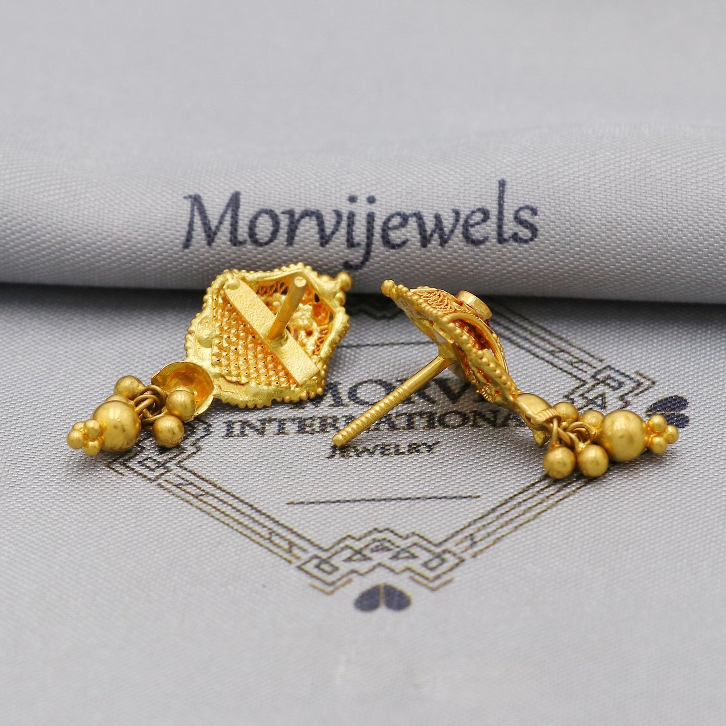 22k Yellow Gold Jhumka Earrings with dangling small beads, Handmade Vintage Pure Traditional Indian WEDDING Earrings jewelry, K6275