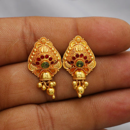 22k Yellow Gold Earrings with dangling small beads, Handmade Vintage Pure Traditional Indian Daily Wear Earrings jewelry, K6276