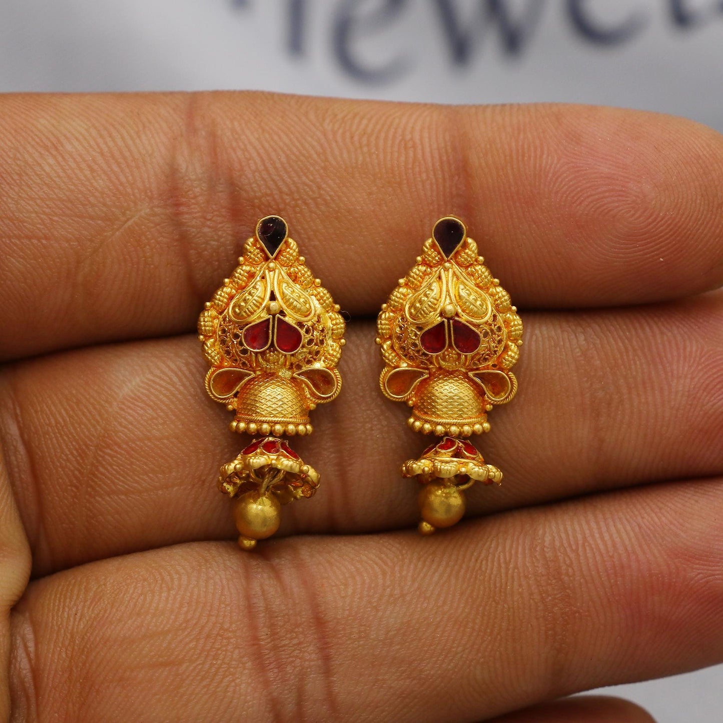22k Yellow Gold Jhumka Earrings with dangling small chandelier, Handmade Vintage Pure Traditional Indian WEDDING Earrings jewelry, K6277