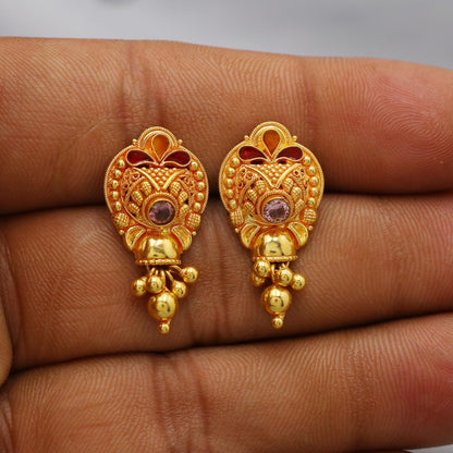 22k Yellow Gold Earrings with dangling small beads, Handmade Vintage Pure Traditional Indian Daily Wear Earrings jewelry, K6278