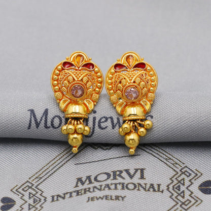 22k Yellow Gold Earrings with dangling small beads, Handmade Vintage Pure Traditional Indian Daily Wear Earrings jewelry, K6278