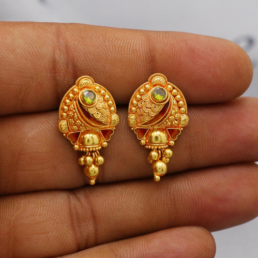Indian 22k Yellow Gold Earrings with dangling small beads, Handmade Vintage Pure Traditional Daily Wear Earrings jewelry, K6279