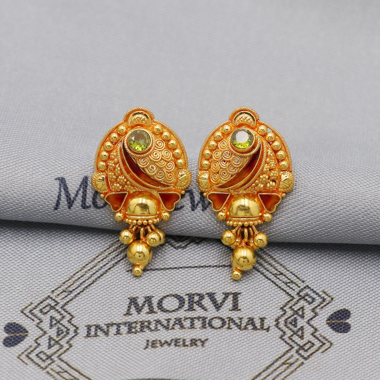 Indian 22k Yellow Gold Earrings with dangling small beads, Handmade Vintage Pure Traditional Daily Wear Earrings jewelry, K6279