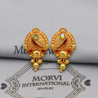 Indian 22k Yellow Gold Earrings with dangling small beads, Handmade Vintage Pure Traditional Daily Wear Earrings jewelry, K6279