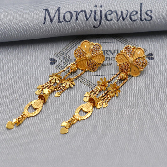 22k Yellow Gold Earrings Filigree jewelry , handmade vintage Pure Traditional wedding indian style Tops Dangle Jhumki Earrings Dangling