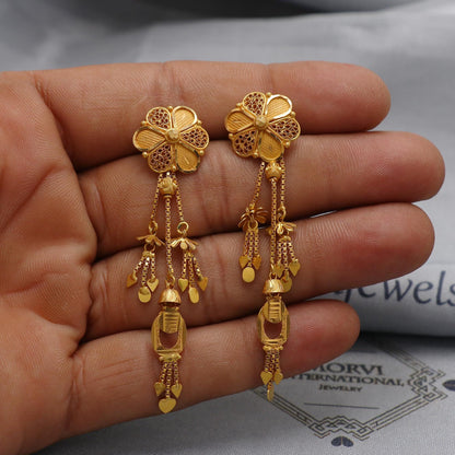 22k Yellow Gold Earrings Filigree jewelry , handmade vintage Pure Traditional wedding indian style Tops Dangle Jhumki Earrings Dangling