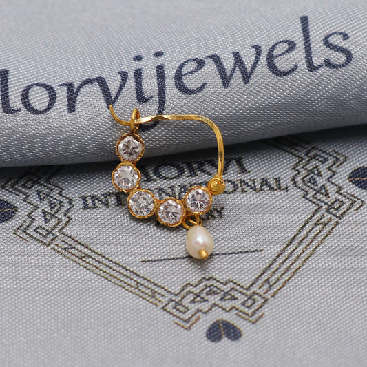 22kt 22k gold white zircon Pearl nose ring nath indian jewelry, K6566