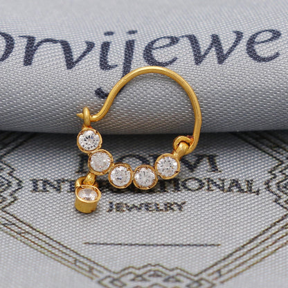 22kt 22k gold white zircon nose ring nath handmade indian jewelry, K6567